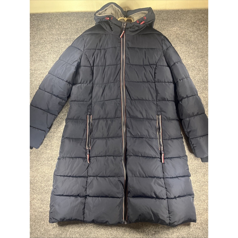 Tommy Hilfiger Women's Long Hooded Puffer Coat Navy Blue Size L